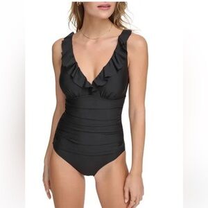 NWOT DKNY Solid Black Ruffle Plunge V-Neck One Piece Adjustable Swimsuit Size14